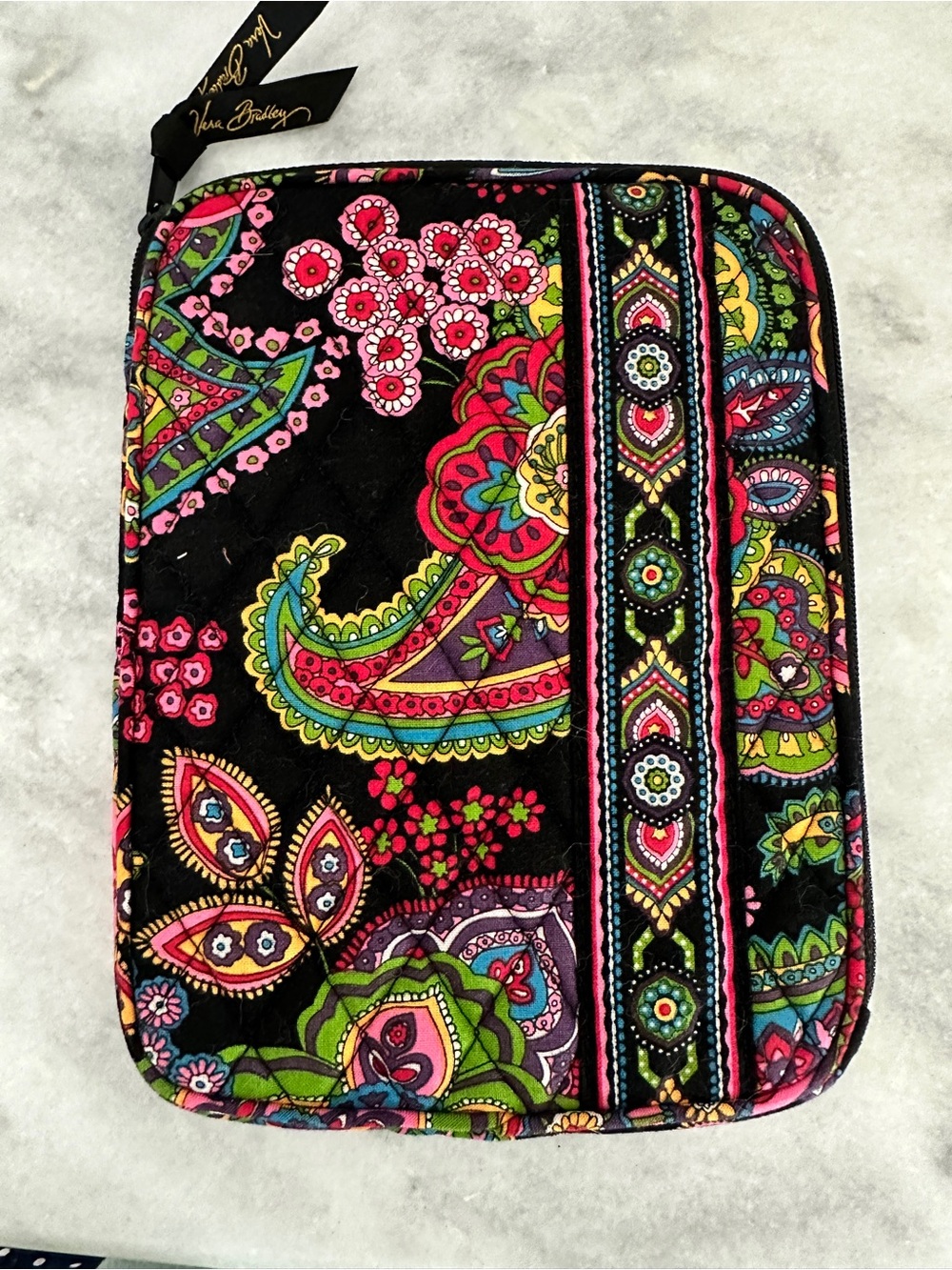 Vera Bradley Black Multi Paisley Quilted tablet sleeve for IPad mini or Kindle.